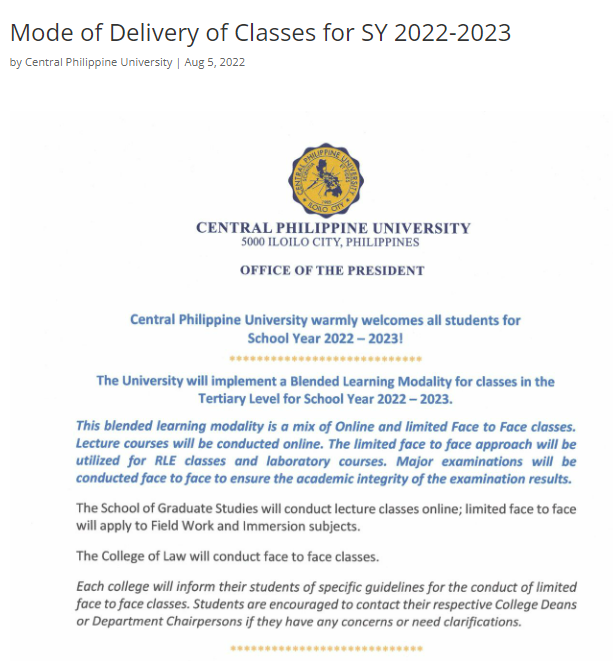 中部菲律賓大學2022-2023學年的授課方式